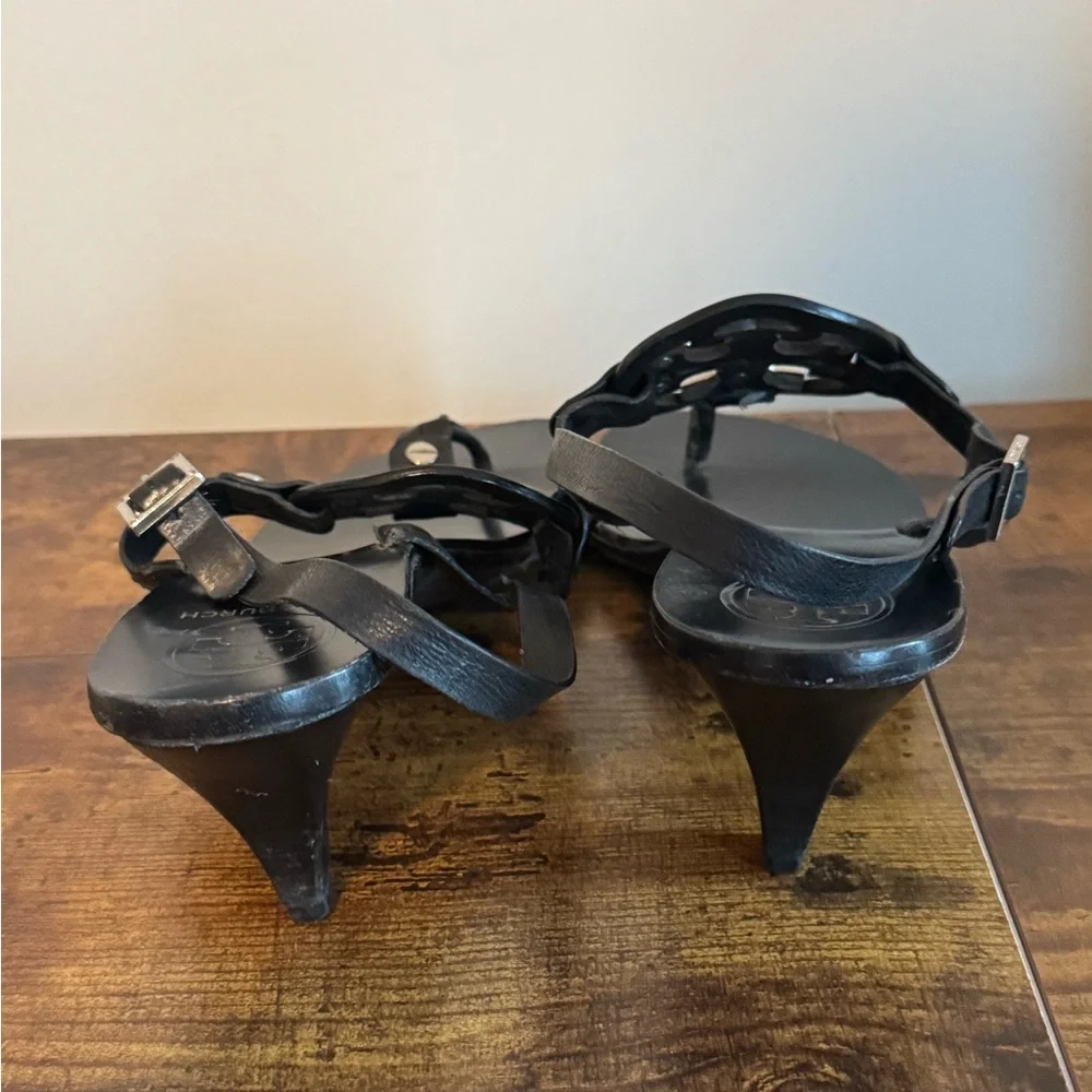 Tory Burch Black Thong Sandals with Silver Logo Size 8M